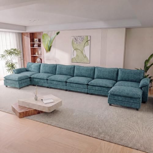 Homall 232" Oversized U Shaped Cloud Couch, Modular Sectional Sofa | 2 Movable Ottoman, Comfy Chenille, Double Layer Cushions, 6 Deep Seat, High-Density Foam, Easy Assembly, Dark Blue - color: Dark Blue, size: Oversized Sofa