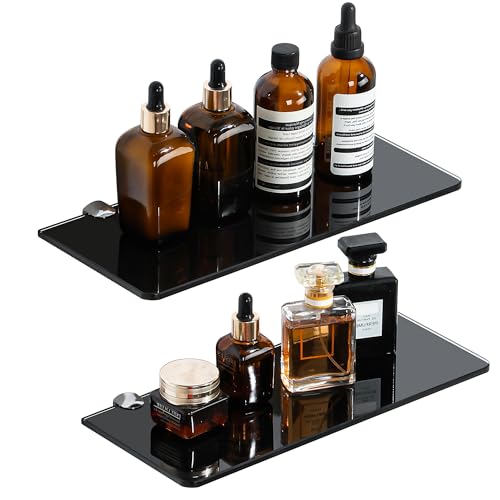 SAYAYO Glass Floating Shelves for Wall, Tempered Glass Shelves for Bathroom | Living Room, Bedroom, Office, Toilet, Kitchen Decor, 12 Inch Set of 2, Black - color: Black, size: 2 PCS
