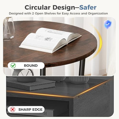 OLIXIS 21.85-Inch Round End Table, 2-Tier Side Table for Living Room, Accent Stand with Storage Shelf, Sturdy Metal Frame Nightstand for Small Space, Round Bedside, Rustic Brown and Ink Black - color: Rustic Brown & Ink Black