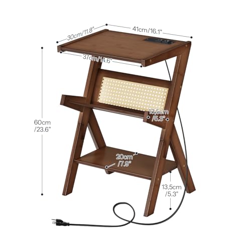 HOOBRO Small Side Table, Bamboo Rattan End Table with Sloped Storage Shelf | 3-Tier Z-Shaped Sofa Table with Charging Station, Narrow Nightstand Bedside Table for Living Room, Bedroom, Small Spaces