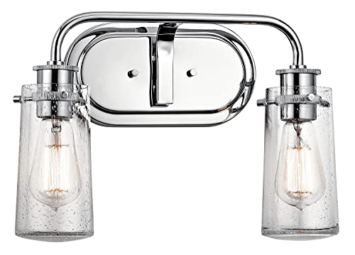 Kichler Braelyn 2-Light Industrial Vanity Light, Chrome | Clear seeded glass vanity light with vintage industrial styling (14.75" x 11" x 1"), 45458CH - color: Chrome, size: 2-Light