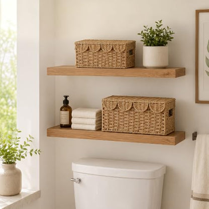 Set of 2 Scalloped Wicker Baskets with Lid,Paper Rope Decorative Storage Baskets for Shelves, Display Shelf, Handmade Cute Woven Basket for Nursery,Living Room Decor