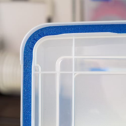 IRIS USA 3-Pack 74 Qt Storage Bins with Gasket Lids, Clear/Blue | WeatherPro seal helps protect bulky items for moving, garage, attic and basement storage - size: 74 Qt. - 3 Pack
