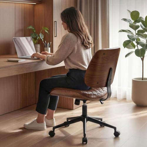 Furnimart Wooden Armless Desk Chair with Wheels, 360° Swivel Faux Leather Vanity Chair for Bedroom, Small Office Computer Task Chair for Home & Compact Spaces (PU Brown) - color: Pu-brown