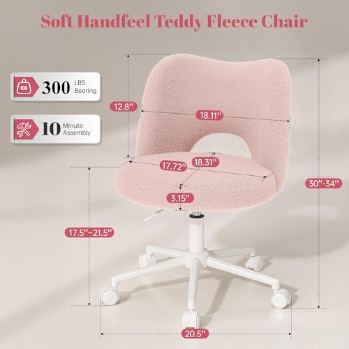 DurayLoly Vanity Chair with Open Back & Wheels,Armless,Pink | Armless,Silent Wheels, Height Adjustable, Soft Teddy Fabric, 360° Swivel for Bedroom Vanity & Home Office, Candy Pink - color: Candy Pink