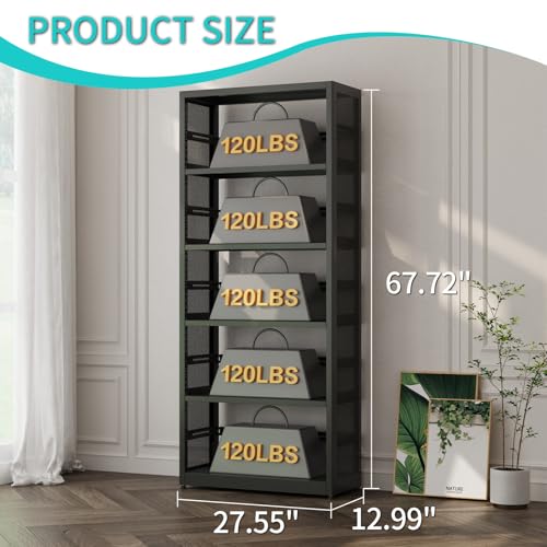 SteeLoong 5 Tier Bookcase, 68" H Metal Bookshelf with 4 Adjustable Shelves | Mobile Bookshelf with Storage,Black Heavy Duty Bookcase with Anti-Tip Safety,Tall Shelves for Living Room,Office,Pantry,Books - color: Black, size: 5-Tier 28"W