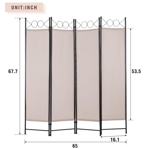 4 Panel Room Divider 6FT Steel Frame Screen Folding Privacy Divider Freestanding Partition for Home Office Bedroom (Tan) - color: Tan