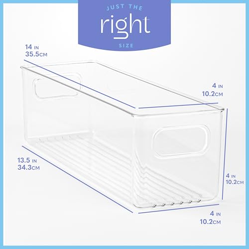 Plastic Food Storage 4 Pack Clear Container Bin with Handles for Organizing Kitchen, Pantry, Refrigerator, Freezer, Pantry, Cabinet, Closet, Bathroom. 14”x4”x4” - size: 14x4x4