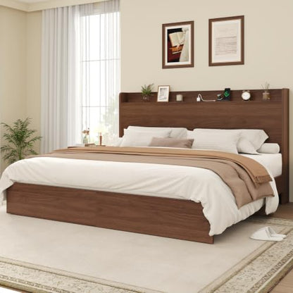 King Size Bed Frame with Storage Headboard & 2 Drawers, Mid-Century Modern Platform Bed with Charging Station & Shelf, Wooden Slat Support, No Box Spring Needed (King (U.S. Standard)) - size: King (U.S. Standard)