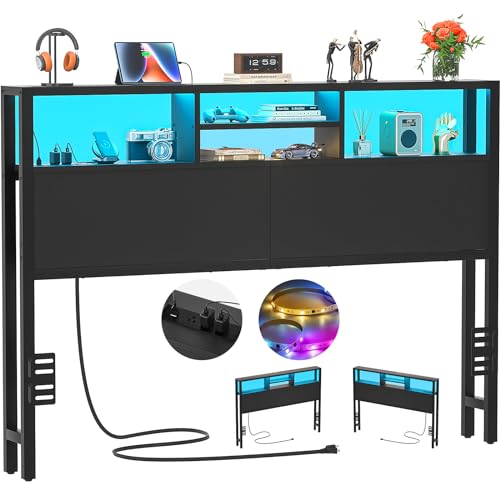 Aheaplus Headboard for Queen Size Bed with Storage, Headboards with Outlets, USB Ports and LED Light, Queen Size Head Board Only, Height Adjustable, Reversible, Sturdy and Stable Headboard, Black - color: Black, size: Queen, style: Wood