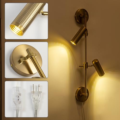 Modern Gold 2-Light Plug in LED Wall Sconce Light, 1 Pack | Vanity Wall Light 3000K Warm White Rotatable Shade Picture Light Wall Lamp for BLdroom, Living Room,Bulb Included - color: A-Gold