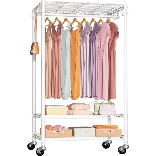 Rolling Clothes Rack, Clothing Racks for Hanging Clothes, White | P6 Heavy Duty Garment Rack with Wheels, 3 Tier Freestanding Portable Closet Rack with Shelves, 35.5 In Wide, Max Load 380 LBS - color: White, size: P6
