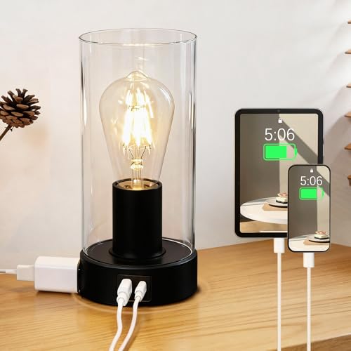 Shenmoyl Industrial Bedside Lamp with USB-A+C Charging Ports & AC Outlet, Small Touch Control Dimmable Table Lamp with Black Base Glass Shade for Bedroom, Nightstand, Dorm, Office, Desk - color: Black