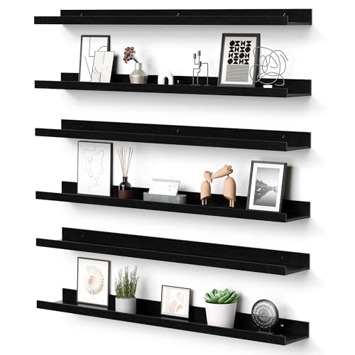 upsimples Floating Shelves for Wall Decor and Storage, Black, 6Pcs 35.5'' | Wall Mounted Wood Shelves for Living Room, Bedroom, Kitchen, Office, Nursery Room, Coffee Bar Display and Organize - color: Black, size: 35.5in