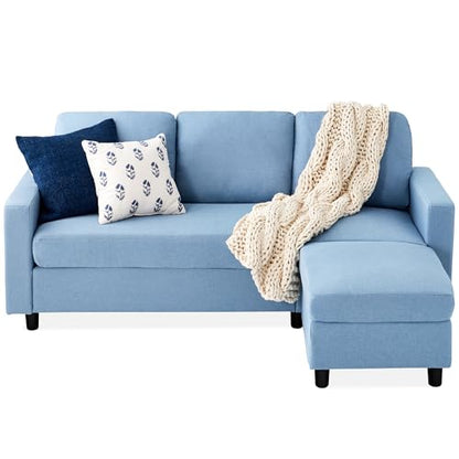 Best Choice Products Upholstered Sectional Sofa for Home, Apartment, Dorm, Bonus Room, Compact Spaces w/Chaise Lounge, 3-Seat, L-Shape Design, Reversible Ottoman Bench, 680lb Capacity - Light Blue - color: Linen - Light Blue