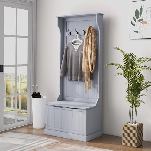 HOMCOM Hall Tree with Bench and Shoe Storage 3-in-1 Coat Rack Gray | Slim Bench with Coat Rack, 4 Hooks, Flip Top Storage Compartment - color: Grey, size: 28"