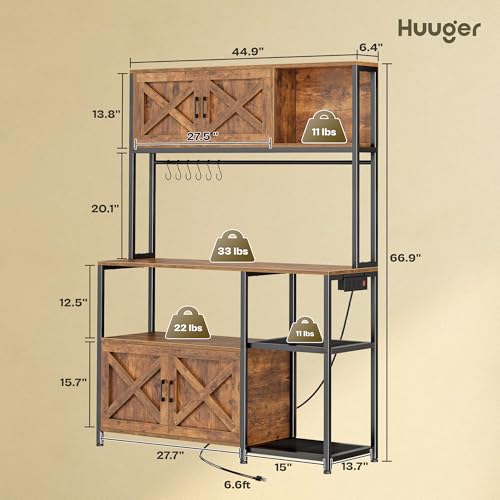 Huuger Large Bakers Rack with Power Outlet, Kitchen Microwave Stand with Cabinets, Coffee Bar Table Station with Storage, 6 S-Shaped Hooks, Mesh Shelves, 45 Inch Wooden Top, Rustic Brown - color: Rustic Brown