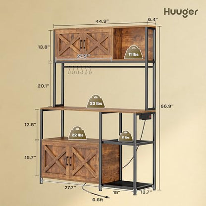Huuger Large Bakers Rack with Power Outlet, Kitchen Microwave Stand with Cabinets, Coffee Bar Table Station with Storage, 6 S-Shaped Hooks, Mesh Shelves, 45 Inch Wooden Top, Rustic Brown - color: Rustic Brown