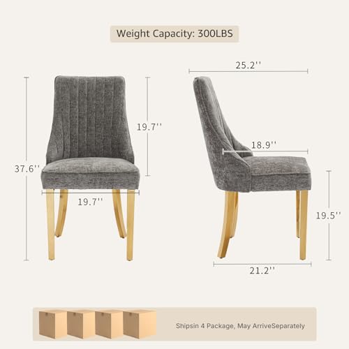 Upholstered Dining Chairs Set of 8, High Back Side Chairs for Kitchen and Dining Room, Mid-Century Modern Chenille Seating with Gold Metal Legs, Grey - color: Grey, Gold Legs, size: Set of 8