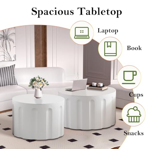 Nesting Coffee Table Set of 2 with Non-Slip Feet (White 26.8+19.7in) | Modern White Matte Spray Paint Accent End Table Set No Assembling for Living Room - color: White 26.8+19.7in