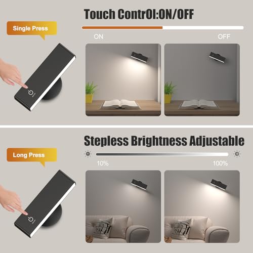 Wireless Wall Sconces 2 Pack, Rechargeable Reading Light for Bed Dimmable | Adhesive Wall Lights for Bedroom with Magnetic & 360 Rotation, Peel and Stick Lights for Wall Bedside, Reading - color: Black