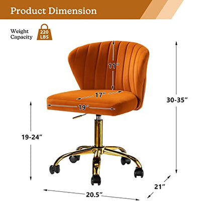 TINA'S HOME Office Desk Chairs with Wheels & Gold Base, Modern Velvet Cute Armless Office Chair, Adjustable Low Back Swivel Rolling Chair, Upholstered Task Chair for Living Room Vanity Study-Orange | Modern Velvet Cute Armless Office Chair, Adjustable Low