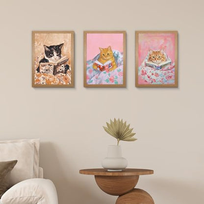 OVQJZIS 3 Piece Cozy Cats Reading Books Oil Painting, Natural Oak Wood Grain Gallery Frame, Whimsical Kitten Wall Art for Bedroom & Reading Nook, Each piece12 x 16 inches - color: Whimsical Kitten