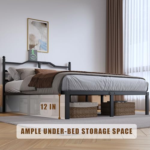 SHOANED 14 Inch Metal Bed Frame - Full Size Heavy Duty Bedframe with Charging Station & Headboard Basic Steel Slats Platform No Box Spring Needed/Easy Assembly/Noise Free - size: Full, style: 14 Inch with Charging Station