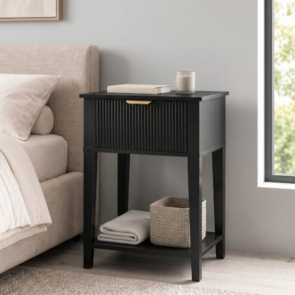 Black 15.4" Wide Small Nightstand with Drawer,Open Shelf,Fluted | Black wood-grain finish, fluted drawer front with gold handle, 11.8-inch slim depth, designer-inspired bedside storage - color: Black