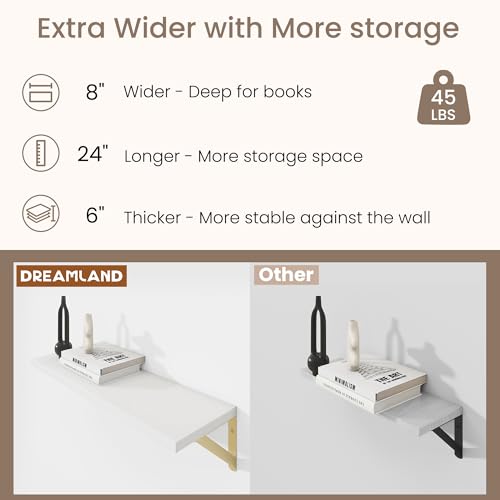 Dreamland Wall Mounted Floating Shelves Set of 2, 24x8, White&Gold | Engineered Wood, Visible Bracket, Large Storage, Hold Up to 45lbs, Living Room, Bathroom, Bedroom, Kitchen - color: White&gold, size: 24"W x 8"D