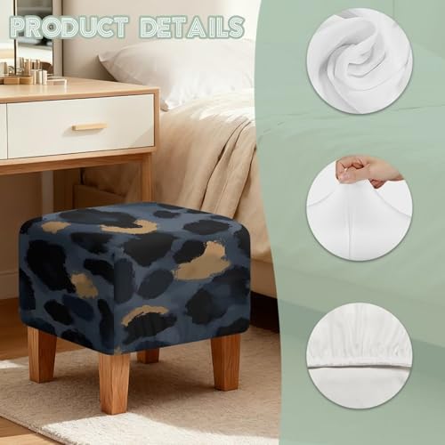 Black Golden Leopard Print Ottoman Cover Square, Washable Small Ottoman Cover - Stretch Ottomans Slipcover, with Elastic Band, Soft for Storage Stools - color: Black Golden Leopard