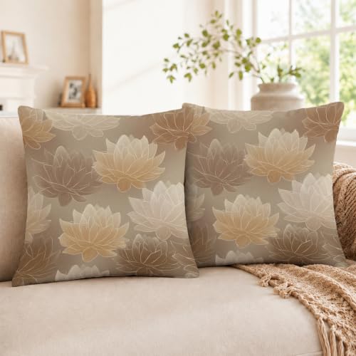 Floral 18x18 Throw Pillow Covers Set of 2, Decorative Vintage Floral Cushion Cases for Couch Sofa Bed, Morandi Peach Orange Nordic Linen Pillowcases Modern Home Decor Lotus-02 - color: Lotus-02
