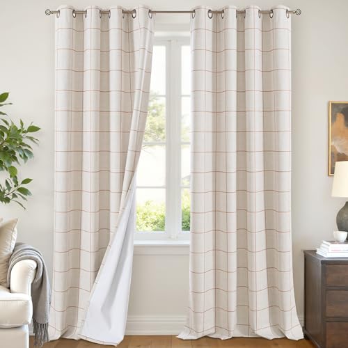 Plaid Curtains Pattern Printed 90 Inches Long - Total Linen Blackout Curtains for Living Room, Boho Grommet Drapes for Farmhouse Thermal Drapery 52x90 Inch 2 Panels, Terracotta - color: Terracotta, size: 52"W x 90"L (Pack of 2)