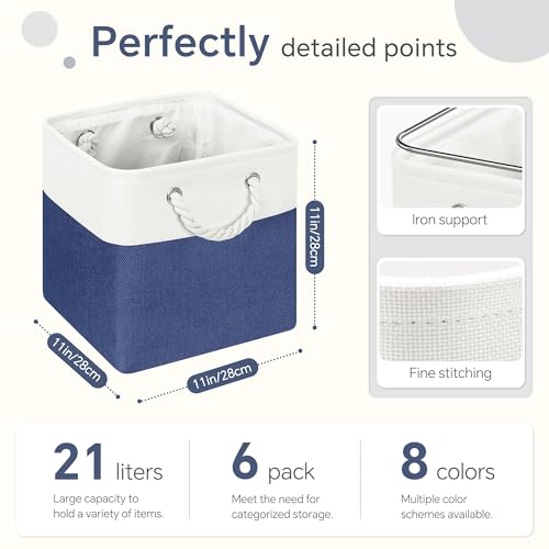 FinishingBo 11 inch Cube Storage Bin with Handles 6 Pack | Foldable Basket, Fabric Storage Bins, Closet Storage, Home Organizer (White/Navy Blue) - color: White/Navy Blue-6 Pack