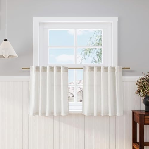 Cafe Linen Curtains 24 Inch Length for Kitchen Windows Over Sink, Cream Natural Semi Sheer Light Filtering Back Tab and Rod Pocket Drapes for Small Window 34 x 24 Inch,2 Panels - color: Natural, size: 34"W x 24"L (Pack of 2)