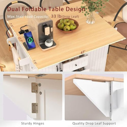 Kitchen Island with 2 Drop Leaf, Home Cart Island on Wheels Foldable Dining Table with Power Outlets,3 Drawers,Storage Cabinet, Tower Rack(White) - color: White