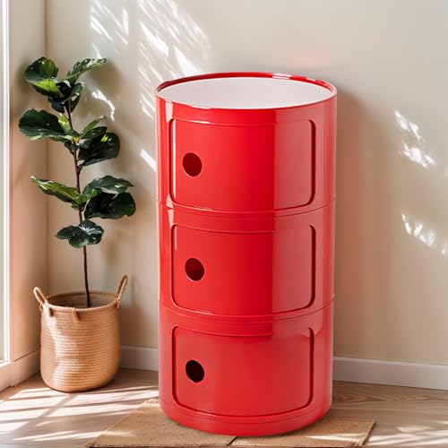 3 Tier Round Nightstand with Drawer, Red Round Side Table Small Plastic Storage End Table for Bedroom, Living Room, Bathroom - color: Red
