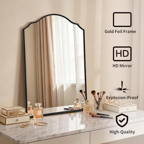 Besdomus Bathroom Mirrors for Over Sink: 24"x36" Black Wooden Arched Mirror | Classical Minimalist Scalloped Decorative Wall for Vanity/Dresser/Mantel/Bedroom/Entryway/Hallway/Fireplace/Nightstand - color: Black, size: 36"L x 24"W