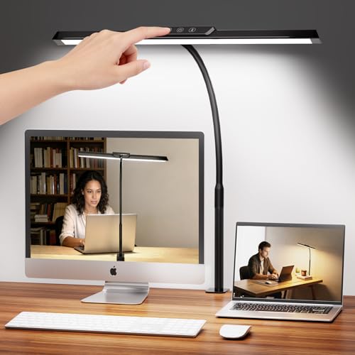 LED Desk Lamp with Clamp, Stepless Dimming Flicker-Free for Home Office | Architect Lamp, DC Adapter, 25 Modes, 12.8in Flexible Gooseneck, Eye-Friendly for Workbench & Reading - color: Black