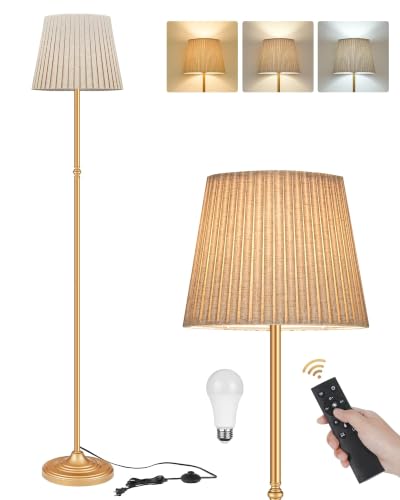 Dimmable Floor Lamp for Living Room, 68" Tall Standing Lamp, Reading Light with Remote & Foot Pedal, 10W LED Bulb (3000K-6500K) Included, FCC Listed, Reinforced Base, Gold and Beige DE12LD05 - color: Gold + Beige