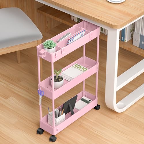 Slim Storage Cart 3 Tier,Bathroom Organizer Rolling Utility,Mobile Shelving Unit Slide Out for Office, Kitchen, Laundry Room & Narrow Places,Pink - color: Pink