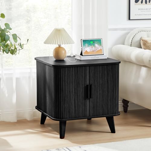 24" Large Square End Table with Charging Station, Farmhouse Fluted Sofa Side Table with Sliding Tambour Door & Storage, Curved Rustic Wood Nightstand for Living Room, Bedroom, Black - color: Black