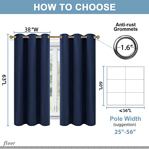 Diraysid Navy Blue Grommet Blackout Curtains for Bedroom Thermal Insulated Room Darkening Curtains Drapes, 38 x 63, 2 Panels - color: Navy Blue, size: 38"W x 63"L (Pack of 2)