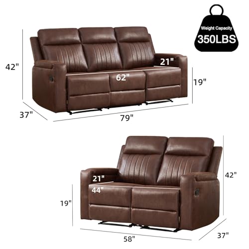 Manual Faux Leather Loveseat and Recliner Sofa Set, Wall-Hugger Reclining Living Room Furniture Set, 2-Seater Recliner Chair, 3-Seat Reclining Sofa Couches for Living Room, Villa, R-Brown, 2+3 - color: Red Brown, size: 58"W+79"W（2+3）