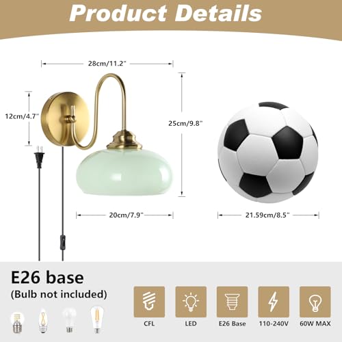 KCO Lighting Green Glass Wall Sconce Plug in Brushed Gold Wall Sconce Vintage Bedroom Wall Lights Plug in Wall Lighting for Living Room - color: Green
