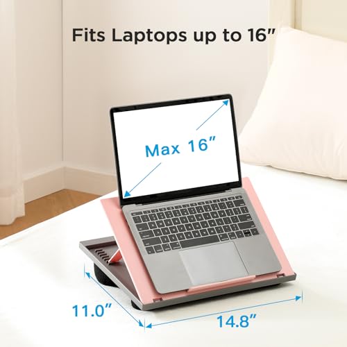 HUANUO Adjustable Lap Desk - with 8 Adjustable Angles & Dual Cushions Laptop Stand for Car Laptop Desk, Work Table, Lap Writing Board & Drawing Desk on Sofa or Bed, Pink | Dual-cushion base, carry handle, 30% thicker for durability, wider anti-slip ledge,