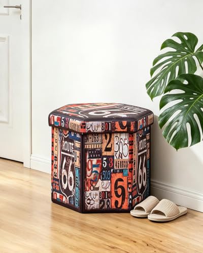 B FSOBEIIALEO Route 66 Storage Ottoman Hexagonal, Faux Leather Foot Rest Seat for Living Room, Storage Organizer 16.93"x15"x15" - size: 16.93*15*15 inches