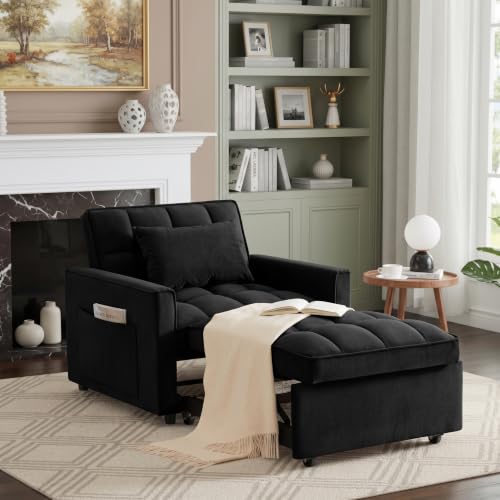 Sleeper Chair with Pull Out Bed, 3 In1 Convertible Couch Bed, Black | Adjustable Backrest,Soft Cushioning,Handy Side Pocket - color: D-black-g4