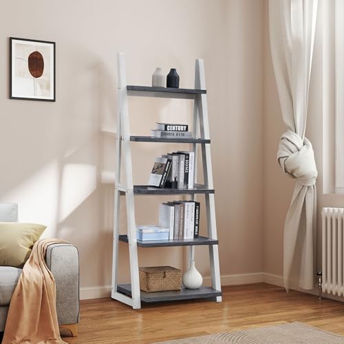 5-Tier Shelves,Bookshelf, Storage Rack, Bookcase with Rubber Wood Frame, Ladder Shelf for Living Room, Home Office, Kitchen, Bedroom, Apartmen (Grey+White 5-Tier)