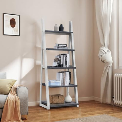 5-Tier Shelves,Bookshelf, Storage Rack, Bookcase with Rubber Wood Frame, Ladder Shelf for Living Room, Home Office, Kitchen, Bedroom, Apartmen (Grey+White 5-Tier)